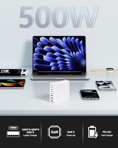 500W USB C Charger Block, 8-Port USB C Charging Station Fast Charging PD 120W PC Laptop Charger Adapter Compatible with MacBook Pro/Air/All iPad,DELL, iPhone 16/15/14/13/Pro Max/Galaxy - color: WHITE