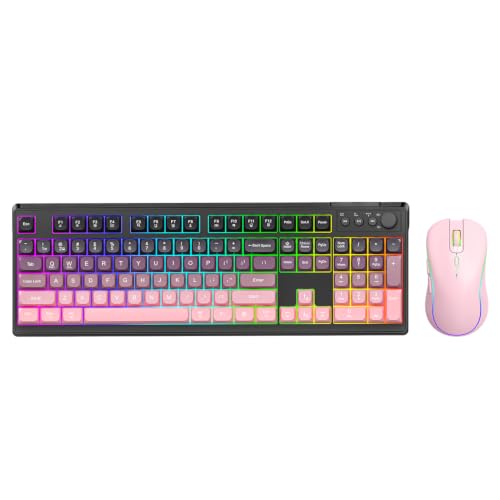 Wireless Keyboard and Mouse Combo, RGB Backlit Rechargeable 2000 mAh Battery, Wireless Computer Keyboards, Tri-Mode Bluetooth/2.4GHz/USB-C Custom Creamy Keyboard, RGB Backlit Media Knob (White-Pink) - color: Gradient pink