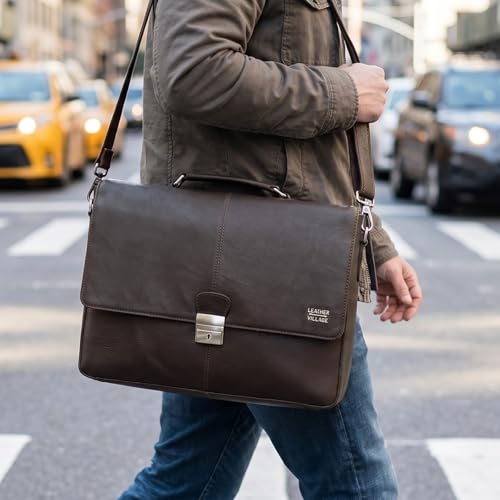Leather Messenger Bag for Men & Women, 16'' Handmade Laptop Briefcase Satchel, Crossbody Shoulder Office Bag for Work, Travel - color: Dark Brown