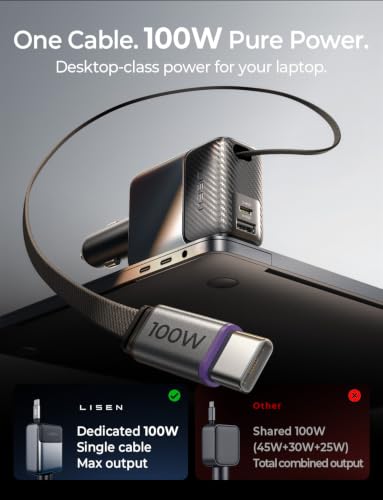 LISEN 136W Retractable Car Charger USB C Fast Charge, PD 100W Type C Retractable Cable, Cigarette Lighter Adapter for MacBook Pro/Air, iPhone 17/16/15 Pro Max, Samsung S26/S25 Ultra, iPad Pro, Laptop
