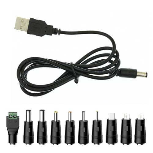 Universal Charger Power Core, 5V USB to DC 5.5x2.1mm, Charging Cable with 11 Tips (Micro-USB, Type-C, Mini USB, 2.5x0.7, 3.0x1.1, 3.5x1.35, 4.0x1.7, 4.8x1.7, 5.5x2.5，2.5mm), 3.3FT (5V 2A)