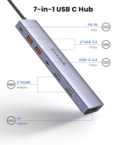 10Gbps USB C Hub with Triple Display Docking Station, 4K@60Hz DP, Dual HDMI Adapter, 7-Port USB-C Laptop Docking Station for Dell Hp Lenovo Surface, 3 USB 3.2 Port Hub & 100W PD