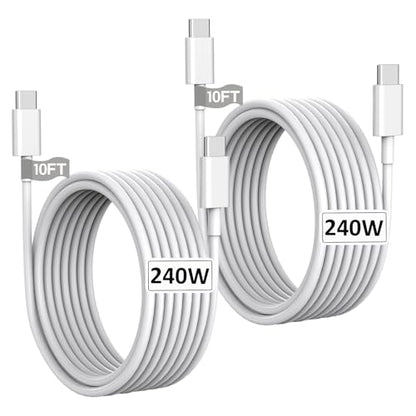 USB C to USB C, 240W USB C Cable, 2-Pack 10ft C to C Cable Fast Charging for MacBook Pro/MacBook Air, iPad Pro/iPad Air, iPhone 16 15 Pro Max Plus, Samsung Galaxy,Compatible 140W/100W/65W/45W/35W/20W - color: White, size: 10Foot