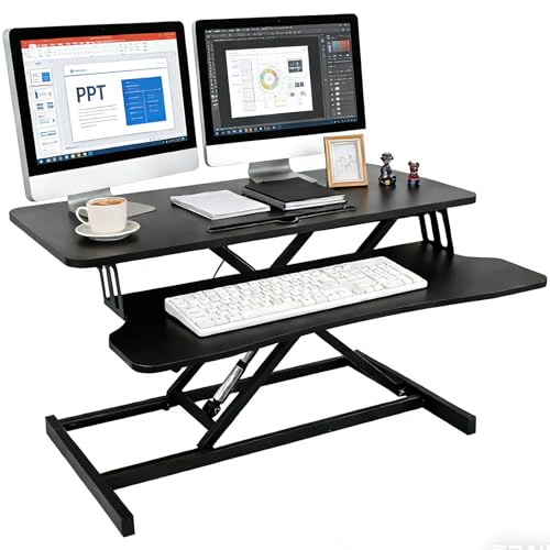 Standing Desk Converter, Height Adjustable, Dual Monitor with Keyboard Tray | Wide Keyboard Tray, Sturdy Construction, Sit-to-Stand Transition, Easy Assembly Tabletop Workstation for Home & Office - color: Black, size: 36"