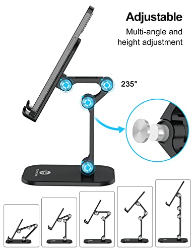 OCYCLONE Cell Phone Stand + 2 PCS Cable Organizer, Angle Height Adjustable iPhone Stand for Desk, Foldable Cell Phone Holder Tablet Stand Compatible with 4.7"-13" Phone Tablet - color: Gray Black