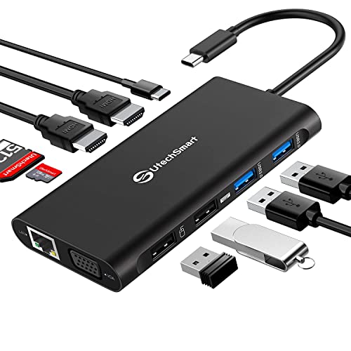 UtechSmart Triple Monitor USB-C Laptop Docking Station - 11-in-1 Dock with 2 HDMI, VGA, PD3.0, SD/TF Card Slot, 4 USB Ports - Compatible with MacBook & Windows (Black) - color: Black, size: 11 in 1