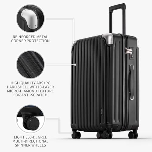 LEVEL8 Grace Luggage Sets Hardshell Suitcase with Wheels, Sturdy Large Suitcase Tsa Lock 20 Inch Expandable Carry on 24 Inch 28 Inch Checked Luggage, 3-Piece Set (20/24/28), Black - color: Black, size: 3-Piece Set (20/24/28)