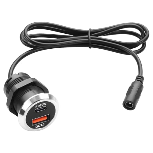 QIANRENON DC 5525 to USB A & USB C Desktop Flush Mount Charging Connector DC 5.5×2.5mm Female to Type A + Type C Female Threaded Fixed Mount Adapter Cable QC3.0 PD20W, for Desk Furniture, 0.9m/2.9ft