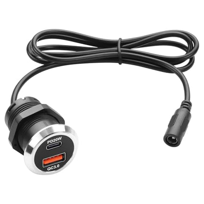 QIANRENON DC 5525 to USB A & USB C Desktop Flush Mount Charging Connector DC 5.5×2.5mm Female to Type A + Type C Female Threaded Fixed Mount Adapter Cable QC3.0 PD20W, for Desk Furniture, 0.9m/2.9ft