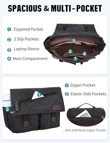 Messenger Bag for Men,Water Resistant Canvas Satchel 14 15.6 17 Inch Laptop Briefcases Business Shoulder Bag by RAVUO - color: 14in-black(without Top Handle)