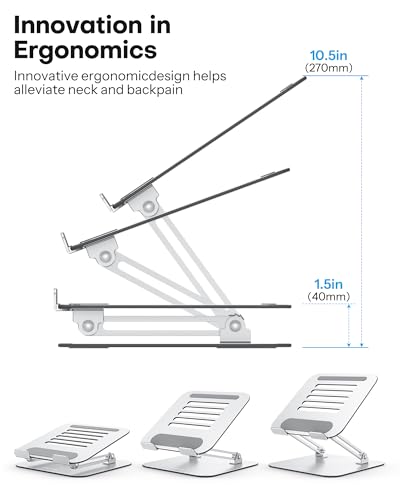 OMOTON Laptop Stand, Adjustable Metal Foldable Riser 10-17.2", Silver | Ergonomic Cooling Laptop Holder, Height Adjustable to 270mm for Sit-Stand, Portable Travel