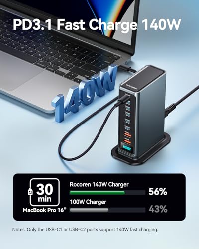Rocoren 720w USB C Charger Block, 8-Port USB Charging Station with Dual PD 140W Fast Charging Station Hub for Multiple Devices, Laptop GaN Ⅲ Charger for iPhone 17, MacBook Pro/Air, iPad, Samsung
