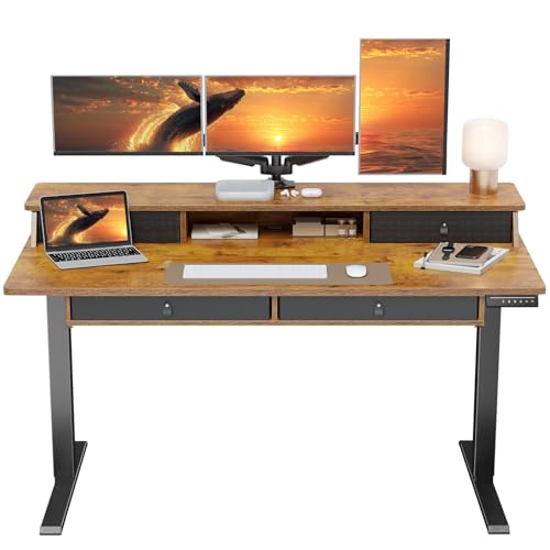 ErGear 55 X 30 Inch Electric Standing Desk with 4 Drawers, Height Adjustable Desk with Storage, C-Clamp Mount Compatible, Home Office Table with Cable Management Tray, Vintage Brown - color: Vintage Brown, size: 55 X 30 Inch
