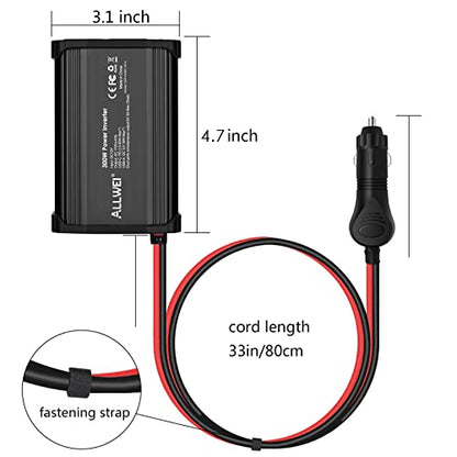 ALLWEI 300W Car Power Inverter 12V DC to 110V AC Car Inverter-Black | with 27W PD USB-C&18W USB-A Fast Charging, Car Charger Cigarette Adapter for Phone, Laptop and Small Devices on Road Trip