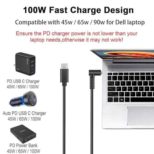 100W PD Power Charger Tip USB C to Slim Laptop Charging Cable Adapter Converter for Dell Laptop 18-20V (Dedicated for Dell (for 45W/65W/90W Power), 4.5 * 0.6mm Small Head) - size: 4.5*0.6mm small head