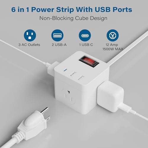 Outdoor Power Strip Cube 10 Ft, IPX4 Waterproof 3 AC Outlet Widely Spaced with 2 USB-A & 1 USB-C PD 20W Charging Station, Low Profile 45 Degree Flat Plug Extension Cord Wall Mountable, ETL-White - size: 10FT