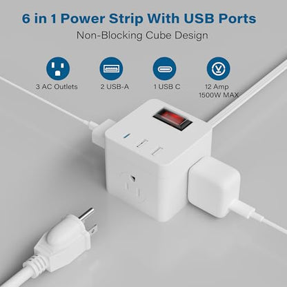 Outdoor Power Strip Cube 10 Ft, IPX4 Waterproof 3 AC Outlet Widely Spaced with 2 USB-A & 1 USB-C PD 20W Charging Station, Low Profile 45 Degree Flat Plug Extension Cord Wall Mountable, ETL-White - size: 10FT
