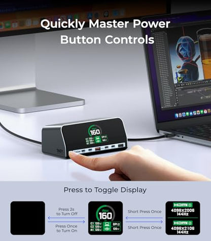 RayCue USB C Docking Station, 13-Port Dual 4K Display Laptop Docking Station with 160w Max USB-C Output, 2.26''LCD Smart Display, 10Gbps USB A/C Ports,Ethernet Ports for macOS and Windows