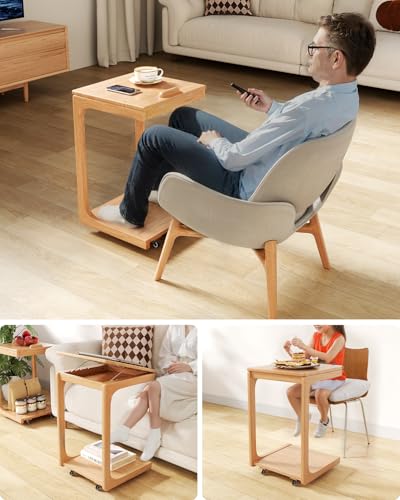 AQIMUELE Wooden C-Shaped End Table,Couch Table with Adjustable Desktop,Small Rolling Side Table with 2 Lockable Wheels,Small End Table for Couch, Living Room,Bedroom (Natural) - color: Natural, size: 15.6"D x 15.7"W x 24.8"H, style: Modern 2 Tier