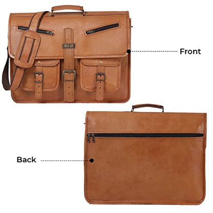 Leather Messenger Bag for Men and Women 18 Inch | Best Laptop Briefcase Satchel Computer Bag with Adjustable Strap - color: Tan