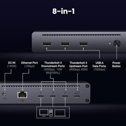 UGREEN 8-in-1 Thunderbolt 4 Docking Station, Dual 4K@60Hz, 3xTBT4, 40Gbps | Dual 4K/ Single 8K Display, 85W Charging, Gigabit Ethernet, 3xUSB A 10Gbps, Dock for Mac M1/M2/M3/M4 Pro/Max, Revodok Max 208