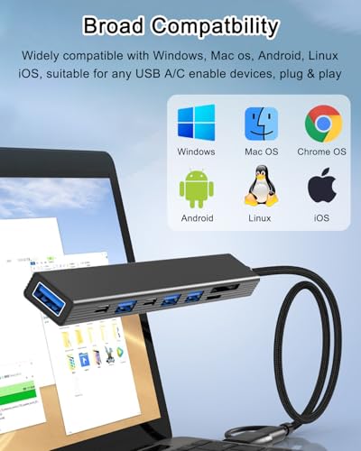 USB C Hub USB Hub 3.0 with SD Card Reader(8-in-1), USB Extender with Memory SD/Micro SD Card Reader, for Laptop, PC, MacBook, iPad Pro, iMac-Aluminum