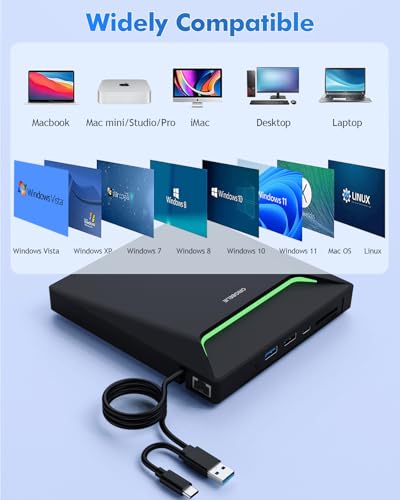 New External CD DVD Drive, Cool DVD Burner USB 3.0 with Ethernet Adapter, 3 USB and 2 TF/SD Card Ports, CD DVD Player Reader Writer Optical Disc Drive for Laptop MacBook PC Windows Linux Mac OS - size: 5.8" x 6.1" x 0.7"