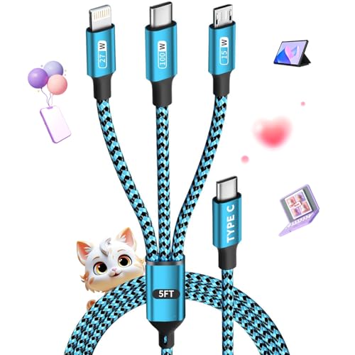 3 in 1 Multi Charging Cable Fast Charging 100W, USB C Cable 4FT 1Pack | Multiple iPhone Charger Cord for iPhone 17-12/Pad/Android/Tablets and More, Carplay Cable - color: Sky Blue&Black