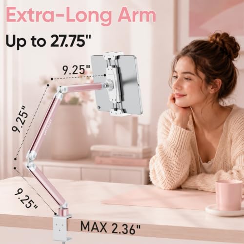 Portable Monitor Stand up to 18.5", iPad Stand for Desk, Pink | Aluminum Arm, Portable Monitor Holder 15.6", Adjustable Desktop Tablet Mount, Second Screens - size: 3 Arm Pro-Up to 18.5" Pink