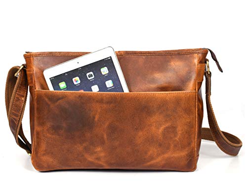 16" Crossbody Bag Leather Laptop Messenger Bag For Men with trolley sleeve for school office (Caramel) - color: Caramel