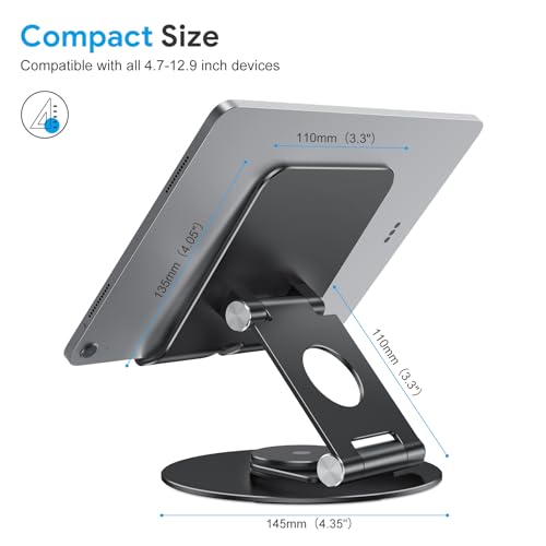 OMOTON Swivel Tablet Stand for iPad with 360 Rotating Base, Foldable Adjustable Holder for Drawing, Compatible with iPad Pro/Air/Mini and More, Black Gray | Aluminum Foldable Mount with Rotating Base, Desk Kitchen Drawing Travel, Fits iPad Pro/Air Samsung