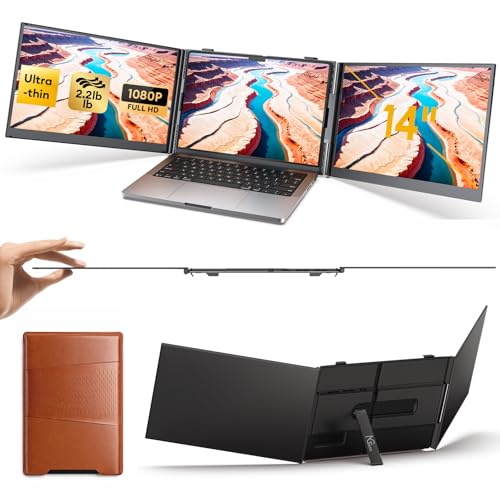 NGTeco 14 Inch Triple Screen Extender for Laptop, FHD 1080P Portable Monitor Ultra-Thin 2.2LB, Plug and Play with H5-T Adapter for 13.3-17.3 Inch Mac Windows Linux Chrome OS | Plug and Play, with H5-T Adapter, Retractable Stand, 100W Reverse Charge, IPS,f
