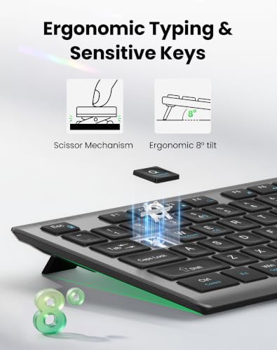 TECKNET 2.4G Rechargeable Ultra-Slim Wireless Keyboard and Mouse Combo | 2.4G Stable Connection, Full-Size Scissor Switch Keyboard with 12 Multimedia Keys, Silent Mouse, Ergonomic Design, Grey - color: Gray