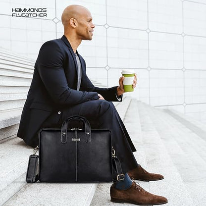 HAMMONDS FLYCATCHER Genuine Leather Laptop Bag for Men, Padded 15.6" Laptop Sleeve, Leather Messenger Bag for Men Briefcases - color: Classic Black