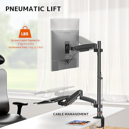 PUTORSEN Sit Stand Monitor Desk Mount with Keyboard Tray for 17-32” Screens | Height Adjustable Full-Motion Articulating Arm,19.8 lbs Monitor & 2.2lbs Tray Capacity, C-Clamp & Grommet Mount,Black - size: 32 Inch