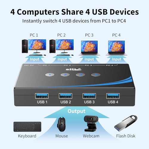 eKL USB 3.0 Switch 4 Computers Share 4 USB 3.0 Ports USB Switcher for PC Laptop Mouse Keyboard Scanner Printer One Button Switch with 3.5mm Headphone Jack and 4 Pack Cables - size: USB3.0 4 in 4 out