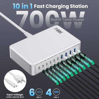 USB C Charger 700W USB C Charger Block,Upgraded GaN V 10-Port Fast Charging Station Hub,3X PD 100W Laptop Charging Adapter Compatible with MacBook Pro/Air,DELL,Steam Deck,iPhone 16/15/14,Galaxy S23 - color: A-White, size: 700W