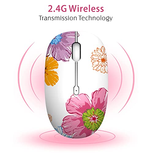 TENMOS M101 Wireless Mouse Cute Silent Computer Mice with USB Receiver, 2.4G Optical Wireless Travel Mouse 1600 DPI for Laptop, Notebook, PC, Computer (Flower) - color: flower