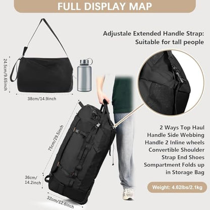 Rolling Duffle Bag with Wheels,86L 30”Carry on Luggage with Wheels,Folding Travel Bag,Duffle Backpack with Separate Shoe Compartment (Black) - color: Black