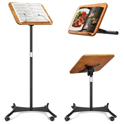 2 in 1 Dual-use Music Stand & Desktop Book Stand, Adjustable Height 16.5"-51", 100% Solid Wood Laptop Floor Stand Book Holder with Elastic Page Clips for Cookbooks (Brown-Wheeled) - color: Brown-wheeled