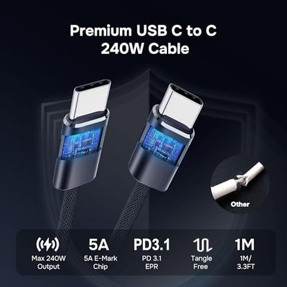170W USB C Car Charger, Dual Port PD3.1 Adapter with LED Display & Cable | Dual Port Rapid Charging Hub (USB-C 140W, USB-A 30W), Cycling Data Monitor, Multi-Protection Chip, 3.3Ft 240W C to C Lead