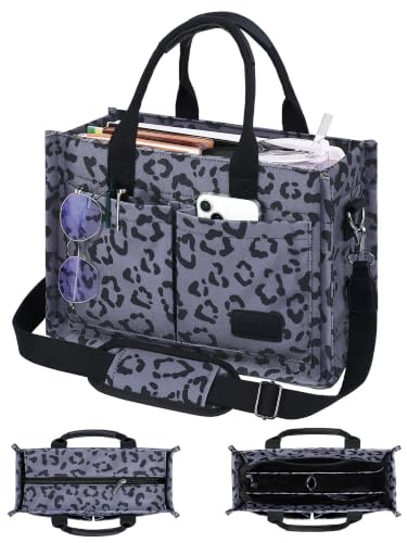 FIORETTO Canvas Tote Bag for Women with Zipper Closure & Individual Compartments for Work College for Teacher & Nurse - color: Leopard Gray, size: Medium