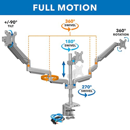Mount-It! Triple Monitor Mount with Gas Spring Arms, Fits 24–32 Inch Screens, USB & Audio Ports, Full Motion Desk Stand with Tilt, Swivel & Rotation, Heavy Duty Silver 3 Screen Arm with Clamp