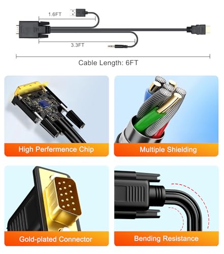 VGA to HDMI Adapter Cable 6FT, VGA (Source) to HDMI (Display) Cable with Audio & USB Power, 1080P@60Hz Display Cord from Desktop PC Laptop to TV Monitor Projector