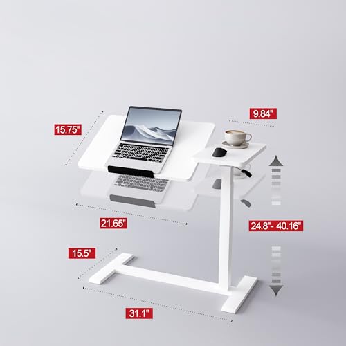 Adjustable Overbed Bedside Table with Wheels Pneumatic Mobile Standing Laptop Desk Rolling Computer Cart Movable Couch Desk Hospital Home Use, White - color: White