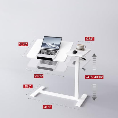 Adjustable Overbed Bedside Table with Wheels Pneumatic Mobile Standing Laptop Desk Rolling Computer Cart Movable Couch Desk Hospital Home Use, White - color: White