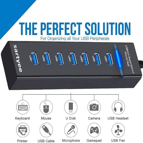 USB 3.0 SuperSpeed 7-Port Hub, High-Speed Data Transfer and Sync for Multiple Devices, Compatible with Laptop, PC, MacBook, iMac, Surface Pro, Windows/Mac/Linux, Bus-Powered, Plug and Play
