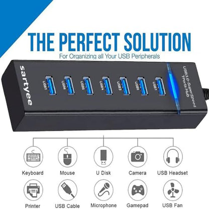 USB 3.0 SuperSpeed 7-Port Hub, High-Speed Data Transfer and Sync for Multiple Devices, Compatible with Laptop, PC, MacBook, iMac, Surface Pro, Windows/Mac/Linux, Bus-Powered, Plug and Play
