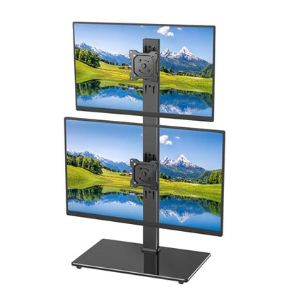 Vertical Dual Monitor Stand for 13-32 Inch Monitors, No Clamp, Freestanding | Supports 44 lbs/Arm | Tempered Glass Base | ±25° Swivel | -5° to +10° Tilt | 8 Height Options | VESA 75×75/100×100 mm - size: Dual Monitor Stand