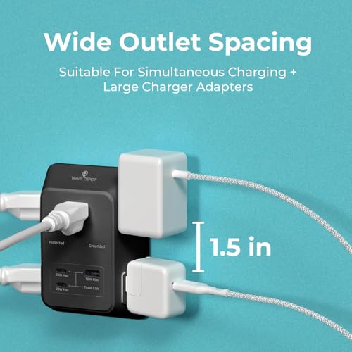 PD USB Wall Charger Surge Protector, 5 Outlet, (Black) | Extender 2 USB C & 1 USBA Charging Ports, Fast Charge 3 Sided Power Strip Multi Plug Outlets Wall Adapter for Home Office - color: Black